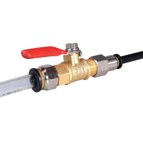 Brass 1/4 Inch NPT Air Compressor Valve Set, Heavy Duty Shutoff, connected to pipe with red handle, corrosion resistant, durable