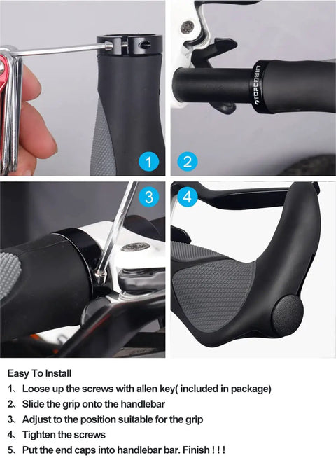 Close-up of Ergonomic Bicycle Grips With Wide Palm Support 130 Mm Long Grippy Rubber Handlebar Grips With Aluminum Lock On Mechanism