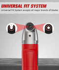 AVID POWER oscillating tool front view, red handle with silver head and universal fit system