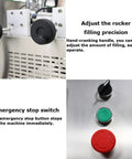 No Sweat Desktop Fully Automatic Double Head Paste Filling Machine For Viscous Sauces And Syrups With 10 To 100 Ml Capacity showing adjustment knobs and emergency stop switch.