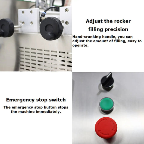 No Sweat Desktop Fully Automatic Double Head Paste Filling Machine For Viscous Sauces And Syrups With 10 To 100 Ml Capacity showing adjustment knobs and emergency stop switch.