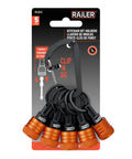 Front view of Five Pack One Quarter Inch Hex Shank Bit Holder Keychain Set with orange aluminum alloy quick release bit holders and carabiner.