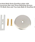 Push And Lock Bathtub Drain Stopper Kit With Trim Set And Single Hole Overflow Faceplate, Easy Install Conversion Kit, Universal Fine And Coarse Threads, No Putty, Brushed Nickel Finish showing overflow faceplate and screws