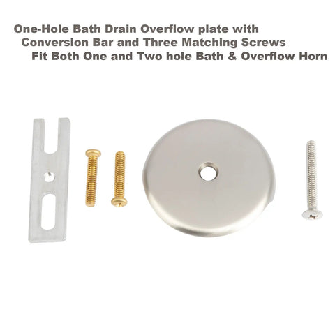 Push And Lock Bathtub Drain Stopper Kit With Trim Set And Single Hole Overflow Faceplate, Easy Install Conversion Kit, Universal Fine And Coarse Threads, No Putty, Brushed Nickel Finish showing overflow faceplate and screws