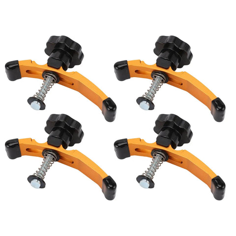 Get Locked In With These Heavy Duty Press Plate Clamps, Aluminum T Track Hold Downs For Engraving And CNC Router Plus Rubber Pads To Skip The Slip On Drill Press Or Workbench And Nail Precision Every Single Time - set of four aluminum clamps with black knobs and springs.