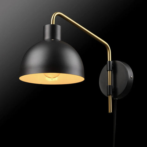 Farmhouse Chic Plug In Or Hardwired Wall Sconce With Matte Dark Gray Finish And Antique Brass Accent Arm Black Fabric Cord And Inline On Off Switch Perfect For Bedroom Lighting And Hallways