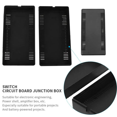 Slick Black Plastic Junction Box Cases For Circuit Boards With Secure Snap Lid Design shown in two sizes, tough ABS material for wiring.