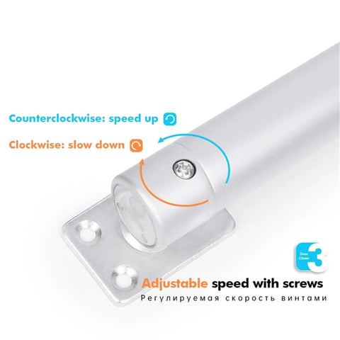 Close-up of Overhead Door Closer With Soft Close And Automatic Gas Spring 110 Degree Positioning showing speed adjustment screws