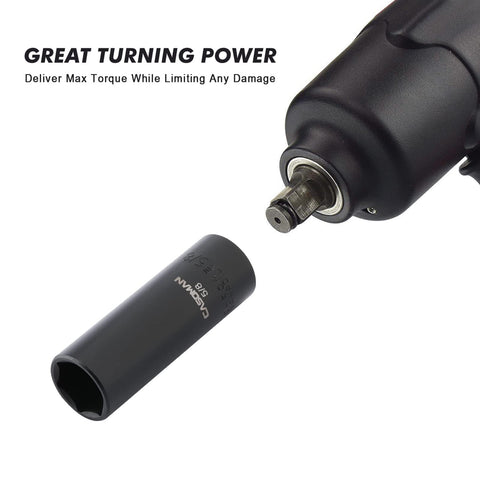 Beefy 12 Piece 3/8 Inch Drive Impact Socket Set With 6-Point SAE Deep Sockets CR-V Steel, Black Phosphate Finish, impact wrench use