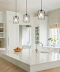 Super Cool Industrial Over Sink Pendant Light Boasting A Black Cage Design With Frosted Glass Above Modern Kitchen Island
