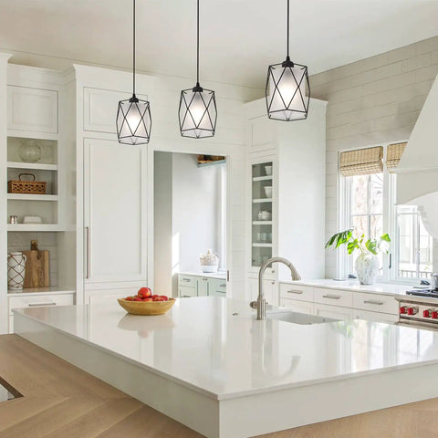Super Cool Industrial Over Sink Pendant Light Boasting A Black Cage Design With Frosted Glass Above Modern Kitchen Island