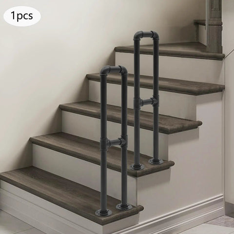U Shaped Floor Standing Galvanized Steel Handrail on wooden stairs providing sturdy support for safe navigation.