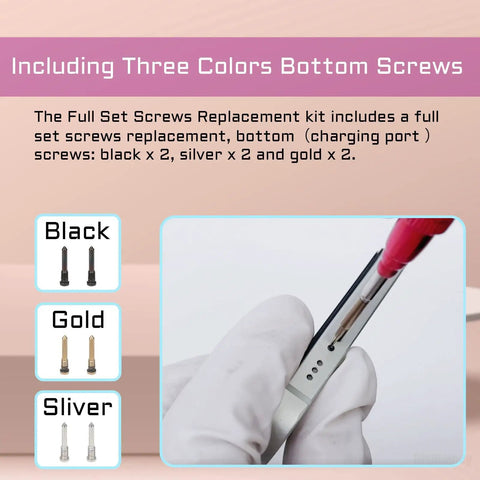 Complete Internal Screw Set And Full Metal Bracket Kit For 13 Pro Repair Pro Grade Includes Bottom Plate Screws Small Screw Parts And Repair Tools Screwdriver For Models A2636 A2638 A2639 A2640 A2483 showing color choices in black, gold, and silver with gloved hand holding a device.