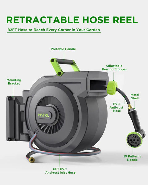 Heavy Duty Retractable Garden Hose Reel With Auto Slow Rewind 82 Feet Of Hose Plus 6 Foot Wall Mount 10 Pattern Nozzle