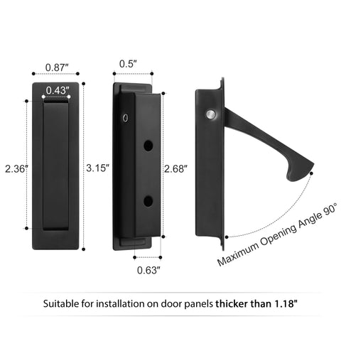Technical diagram of Pocket Door Pull And Edge Pull Set Matte Black Recessed Flush Handles For Sliding Doors with measurements