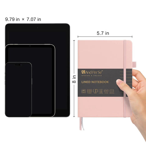 Ten Pack A5 Lined Notebooks With Durable Hardcover, 160 Pages Each, 100gsm College Ruled Paper, size comparison with a tablet