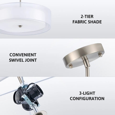 Three Light Drum Pendant Chandelier With Double Fabric Shades In Brushed Nickel 20 Inch Hanging Light Fixture E26 Bases.