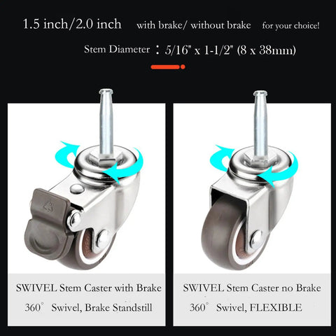 Smooth Rolling Rock Solid Stem Caster Wheels With 5/16 X 1.5 Inch Socket TPR Rubber Replacement Castors showing options with and without brakes.