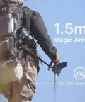 Person using Lancer 300 Modular Waterproof Outdoor Camera Backpack With Portable 300Wh Power Station Exoskeleton Design Magic Arm