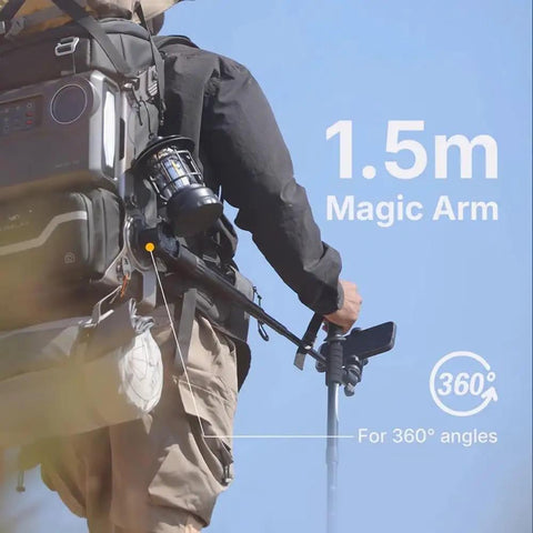 Person using Lancer 300 Modular Waterproof Outdoor Camera Backpack With Portable 300Wh Power Station Exoskeleton Design Magic Arm