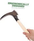 Hand holding lightweight manganese steel garden weeding tool with portable double edged sickle for easy weeding and harvesting.