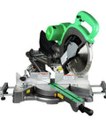 10 Inch Sliding Compound Miter Saw With Adjustable Laser Guide, Double Bevel, 12 Amp Motor, Electronic Speed Control And Electric Brake, Includes Pivoting Flip Fence For Clean, Pro Level Cuts displayed on a workbench.
