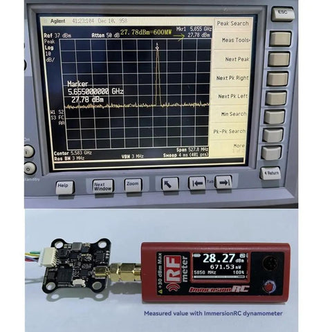 5.8G 40CH FPV VTX Transmitter For RC Drones, testing output on RF meter showing frequency and spectrum analyzer display
