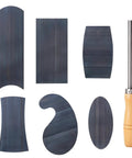 Top Shelf Six Piece Cabinet Scraper And Burnisher Kit With Blue Spring Steel Blades Plus Hardened High Speed Steel Sharpening Rod, showcasing various blade shapes.
