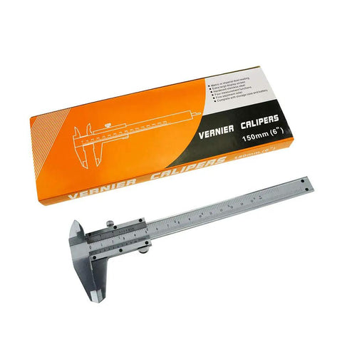 Pro Grade Six Inch Stainless Steel Caliper for Inside Outside Depth and Step Measurements on white background with box