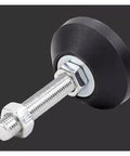 Four Pack Adjustable Leveling Feet Swivel Base Furniture Pads close-up of black rubber pad with M8 threaded base for cabinets and tables.