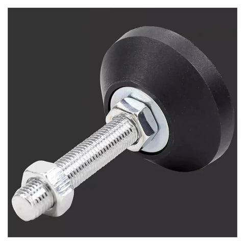 Four Pack Adjustable Leveling Feet Swivel Base Furniture Pads close-up of black rubber pad with M8 threaded base for cabinets and tables.