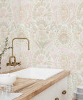 Pink Bohemian Damask Peel And Stick Wallpaper Removable Repositionable Boho Wall Covering in kitchen area above sink