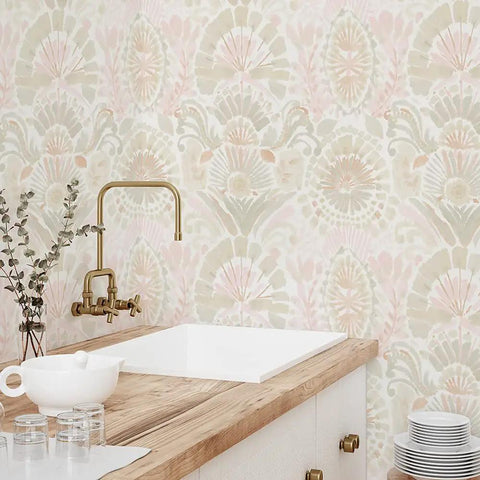 Pink Bohemian Damask Peel And Stick Wallpaper Removable Repositionable Boho Wall Covering in kitchen area above sink