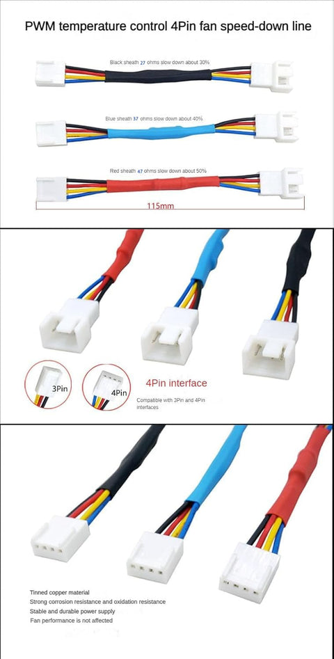 Two Pack 4 Pin PWM Fan Speed Reduction Cable for Quiet Cooling with colored wires and 4-pin connectors, 115mm length