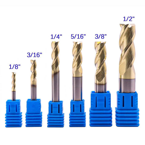 Solid Carbide End Mill Set For Aluminum, 6 Pc ZRN Coated, Beast Mode 3 Flute, 37 Degree Helix, HRC55, Square End Bits, sizes 1/8" to 1/2"