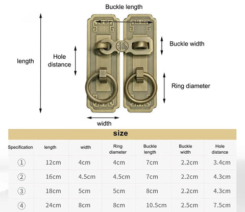 1 Pair Old School Retro Vintage Door Handle Drawer Pull Set With Lock For Cabinets Drawers Wardrobes Antique Brass Hardware 12 Cm Easy To Install Cupboard Knobs For Furniture Makeover, showing dimensions chart and brass handles with ring pulls for size 12cm and 24cm.