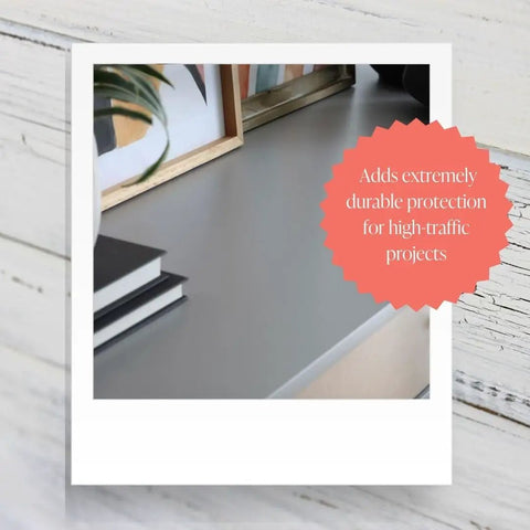 Eco Friendly Clear Satin Top Coat For Chalk Style Furniture Paint Low VOC Durable Non Yellowing Waterproof Indoor Outdoor 4 Oz Pro Grade Sealant on a painted surface showcasing durability for high traffic areas