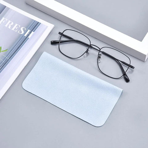 Two items: light-blue 230GSM microfiber eyeglass cleaning cloth and black-framed glasses.