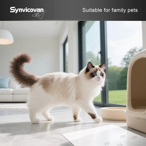 Heavy Duty Sticky Entrance Mats 17 X 13 Inches 5 Pack 150 Sheets Adhesive Floor Pads near a cat in a modern home setting.
