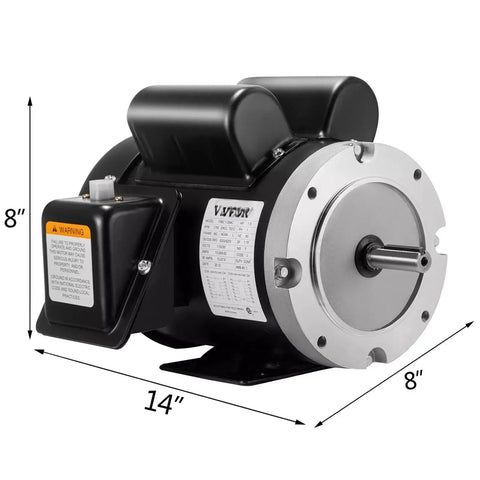 1.5HP Single Phase Electric Motor 1750 RPM 56C Frame With Five Eighths Inch Shaft 115 230V SHDC Four Pole Replacement For VEVOR OEM Black Built Tough For Air Compressors And Machinery Plug And Play Ready, front view with 8 in dimensions