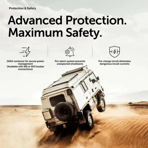 Premium 500A Battery Management System With Bluetooth App Control And Built In Contactor For Rv And Campervan Lithium Banks That Handles Heavy Loads Like A Champ, displaying 500A contactor and safety features.
