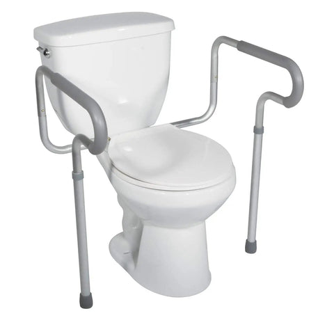 Top Shelf White Bathroom Grab Bar Delivers Rock Solid Elderly Support And Foolproof Installation For Every Standard Toilet Configuration And Home Setup with adjustable aluminum arms on a white toilet.