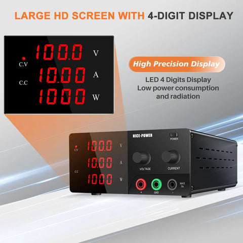 Beefy Benchtop DC Power Supply 100V 10A 1000W With Encoder Adjustable Knob shown with digital 4-digit display and buttons.