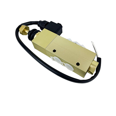 5-Port Directional Control Valve With 30mm Solenoid And Manual Override, brass and steel body, suitable for heavy-duty use.