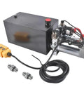 Beefy 10 Quart Hydraulic Power Unit With 1.6KW 12V DC Motor Double Acting Pump 3200 PSI Max Heavy Duty Metal Reservoir, shown with components