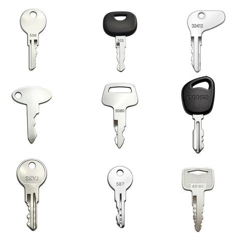 9 keys from the 62 Piece Heavy Equipment Key Set For Construction Gear Ignition Keys And Operator Keys Kit With 459A 777 H806 5P8500 14607 H800 787 Covers Excavators Dozers Loaders Forklifts Skid Steers Generators And More