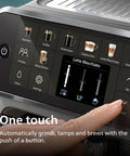 Top Shelf Fully Automatic Espresso Machine With Smart Touch Controls and Smooth Milk Frother for Dope Lattes Cappuccinos and Chill Weekend Iced Coffee Brews Tonight display with drink options and touch interface.