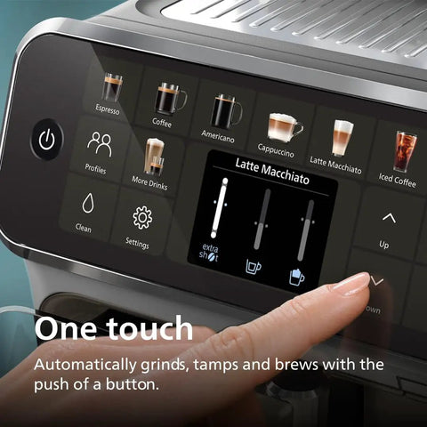 Top Shelf Fully Automatic Espresso Machine With Smart Touch Controls and Smooth Milk Frother for Dope Lattes Cappuccinos and Chill Weekend Iced Coffee Brews Tonight display with drink options and touch interface.