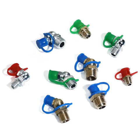 Assorted zerk fittings with polyethylene plastic dust cover caps in red, blue, green for oil and grease gun maintenance DIYers.