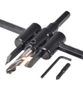 Heavy Duty Adjustable Circle Hole Cutter Saw Kit For Wood And Drywall Precision Dual Blade Drill Bit close-up of dual blades and adjustment mechanism.